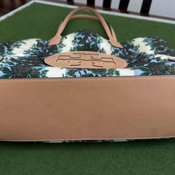 Tory Burch Ella Printed Canvas Tote – Floral Stripe – Leather Trim